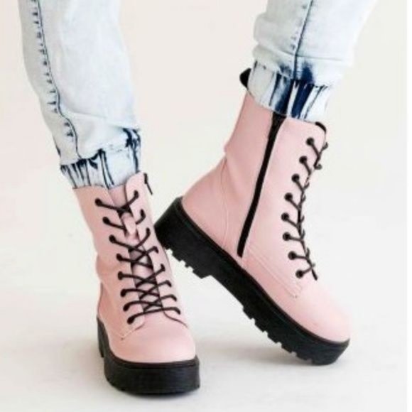 !! RESTOCKED !! Baby Pink Patent Lace Up Combat Boots - Picture 3 of 5